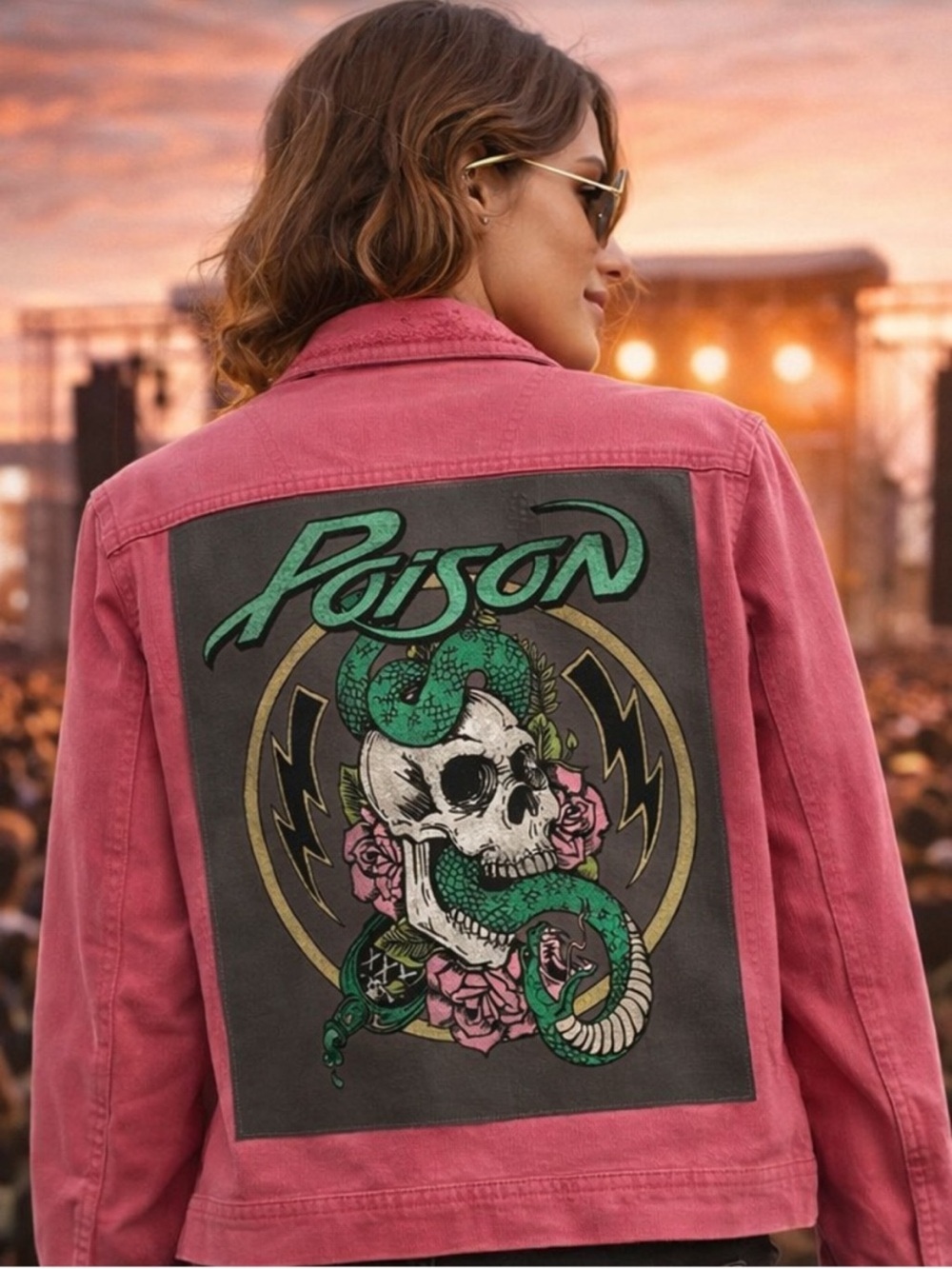 Poison Upcycled Coral Pink Denim Jacket with Graphic Skull & Snake Graphic